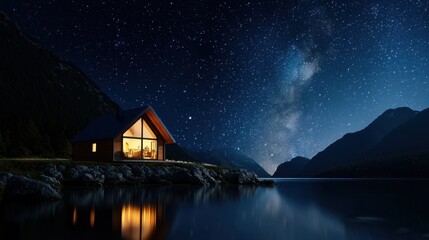 Wall Mural - a house with a large window overlooking a lake at night