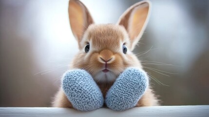 Wall Mural - A small rabbit wearing a pair of blue slippers