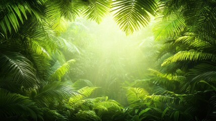 Canvas Print - A lush green jungle with sunbeams shining through the trees