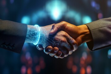 Poster - Business partners shaking hands, finalizing a deal on innovative technology development