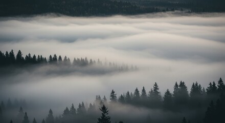  Enchanting misty forest landscape with silhouetted pines at sunrise