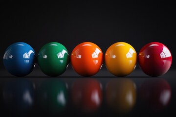 Poster - A vibrant array of five glossy balls in green, blue, orange, yellow, and red on a reflective surface.