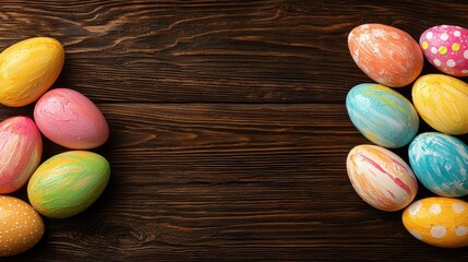 Wall Mural - A group of colorful painted easter eggs on a wooden surface