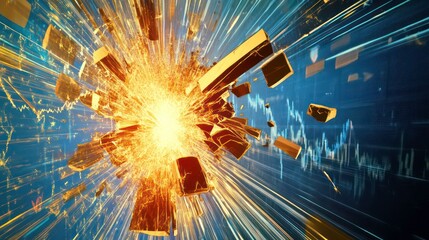 Aufkleber - Exploding gold bars against dynamic financial data background.