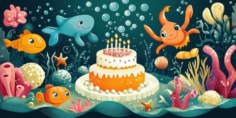 Wall Mural - Undersea Birthday Cake Celebration With Cute Fish