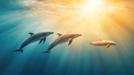 Poster - A group of dolphins swimming in the ocean with the sun shining through the water