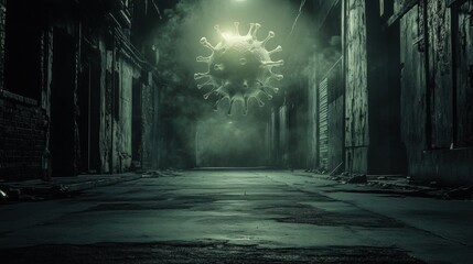 Aufkleber - Empty urban street with symbolic virus motif highlighting isolation and fear during a pandemic. Generative AI