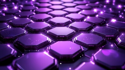 Poster - Purple pastel medical and tech background with hexagon pattern and bright sparkles. Realistic vector abstract bg with honeycomb geometric cell texture for medicine and science technology design.
