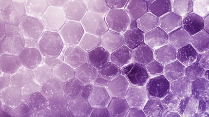 Poster - Purple pastel medical and tech background with hexagon pattern and bright sparkles. Realistic vector abstract bg with honeycomb geometric cell texture for medicine and science technology design.