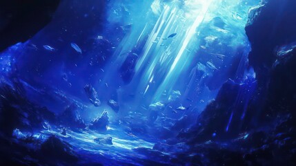 Poster - Glowing blue light illuminates underwater cave, revealing rocks and marine life.