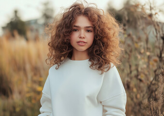 Portrait of a young girl in white sweatshirt. Can be used as a sweatshirt mockup for your design, print or lettering