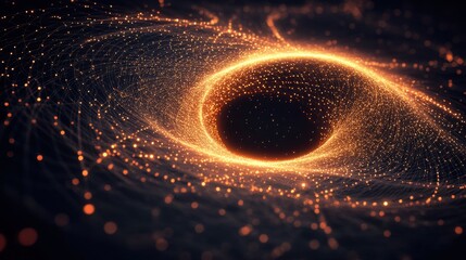 Poster - A mesmerizing abstract depiction of a black hole with swirling golden particles and glowing lines.