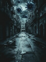 Poster - Empty urban street reflects isolation and fear with symbolic virus motif floating above. Generative AI