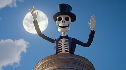 Wall Mural - Animated skeleton in top hat, raising hands on pedestal, under a full moon.