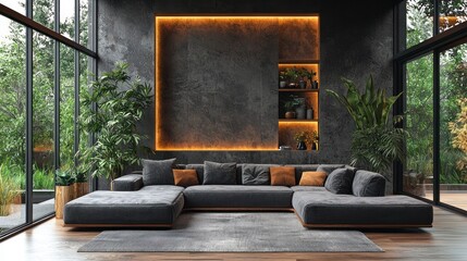 Poster - Modern room, gray sofa.