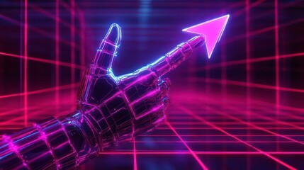 Poster - Futuristic robotic hand pointing upward neon arrow, growth concept.