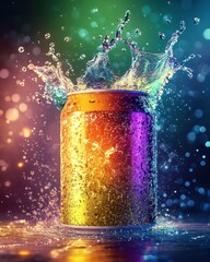 Poster - A vibrant, colorful soda can splashes in water, creating an energetic and refreshing mood.