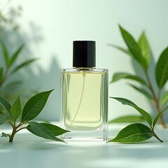 Wall Mural - Pure Essence Luxurious Perfume Bottle amidst Fresh Green Leaves