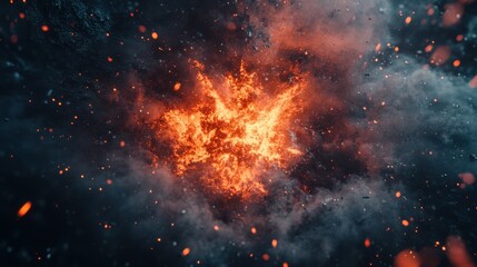 Poster - Dynamic explosion with bright orange and fiery red colors against a smoky background, creating a powerful visual impact.