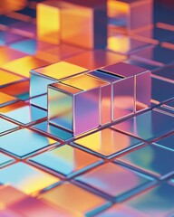 Poster - Abstract view of reflective geometric blocks in vibrant hues, creating a mesmerizing visual effect.