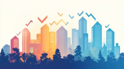 Leinwandbilder - Colorful cityscape skyline with checkmarks symbolizing growth, progress, and success, set against a forest backdrop.