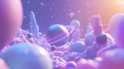 Poster - A surreal landscape featuring colorful planets and soft, fluffy formations in a dreamy space setting.
