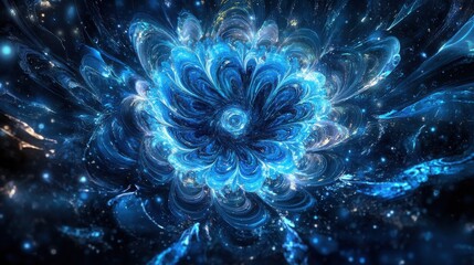 Poster - A mesmerizing explosion of blue hues creates an ethereal abstract pattern resembling a cosmic flower.