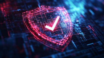 Poster - 3d shield icon with safety check badge vector. Secure tick mark for quality guard guarantee. Isolated protect checkmark for medical business or antivirus warranty emblem design. Health defense sign