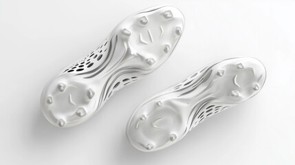 The top view of a 3D-rendered pair of soccer cleats, highlighting their detailed design on a clean white backdrop.