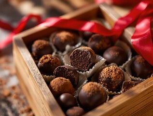 Poster - wooden box filled with chocolate truffles, some coated in cocoa powder. A red ribbon is wrapped around the box.