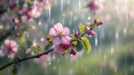 Poster - cherry blossom branch with pink flowers in the foreground, while raindrops are falling around it, creating a serene and refreshing atmosphere.