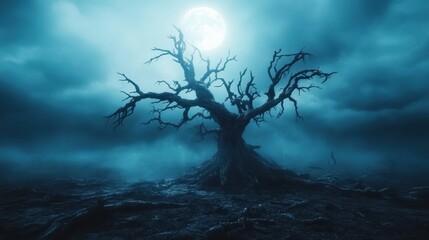 Wall Mural - A solitary twisted tree rises against a dramatic moonlit sky, embodying themes of isolation, nature's beauty, and the eerie tranquility of a haunting landscape at night.