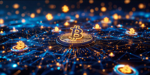 Aufkleber - a 3D rendering of a digital network with a Bitcoin symbol in the center, surrounded by glowing nodes and connections, representing a blockchain or cryptocurrency concept.