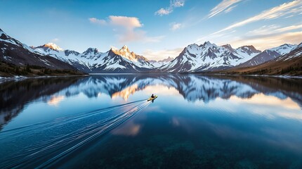 Poster -  serene mountainous landscape with a person paddleboarding on a clear, tranquil lake. The sky is adorned with soft, pastel hues of sunrise or sunset, creating a picturesque and peaceful scene.