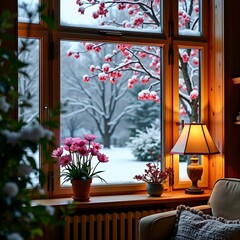 Poster - A cozy indoor scene with a window overlooking snow-covered trees, a lamp illuminating the room, and a vase of pink flowers in the foreground.