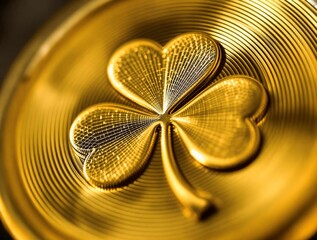Aufkleber - a gold coin with a four-leaf clover design on it. The coin has a textured surface and is set against a blurred background.