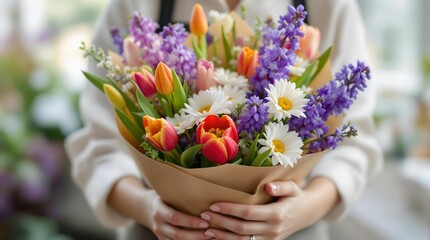 Aufkleber - a person is holding a bouquet of colorful flowers with tulips, daisies, and other spring flowers in their hands.