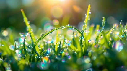 Aufkleber - close-up of fresh green grass with dewdrops glistening on the blades, under a bright, sunny sky that casts a warm glow.