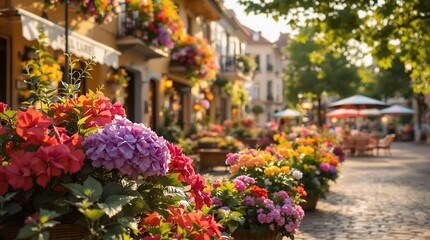 Poster -  picturesque street scene with colorful flowers in a planter box, buildings with balconies, and outdoor seating at a cafe.