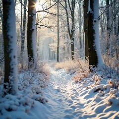 Poster - serene winter scene with snow-covered trees and a pathway leading through a forest. The sunlight filters through the trees, casting a warm glow on the snow.