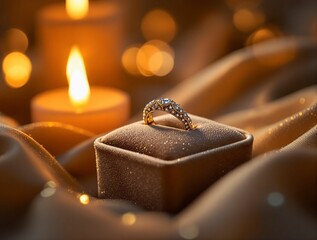 Poster - sparkly ring on a velvet box, with a warm, glowing candle in the background, creating a cozy and intimate atmosphere.