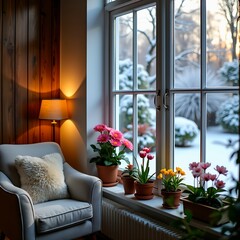 Poster - cozy indoor setting with a window overlooking a snowy landscape. Near the window, there is a white armchair with a pillow, and several potted flowers are placed on the windowsill. The cozy lighting cr