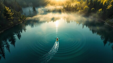 Poster - serene lake surrounded by trees, with a boat leaving a trail on the water and sunlight reflecting off the surface, creating a tranquil and picturesque scene.