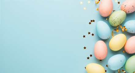 Wall Mural - pastel colored easter eggs and golden confetti create a festive border on a light blue background, o