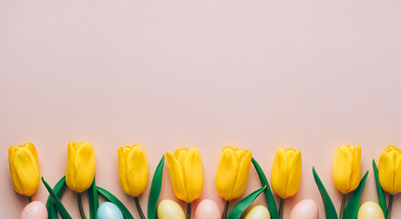 Wall Mural - easter eggs and yellow tulips creating a colorful bottom border on a pink background, perfect for sp