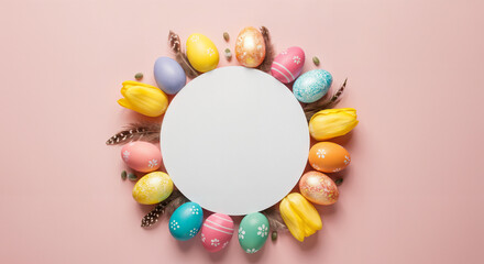 Wall Mural - easter eggs and yellow tulips surrounding a blank white circle create a festive springtime arrangeme