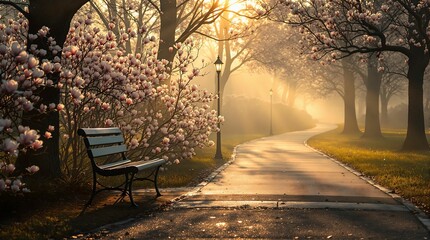 Aufkleber - park bench in a serene setting with a snowy pathway, trees in the background, and a pink flowered tree.
