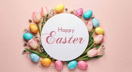 Wall Mural - easter greeting card with colorful eggs and pink tulips framing a white circle with the words happy 