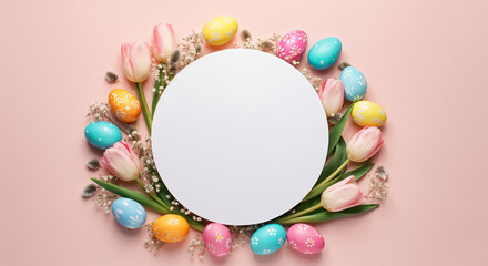 Wall Mural - colorful easter eggs and pink tulips surrounding a blank white circle create a festive spring compos