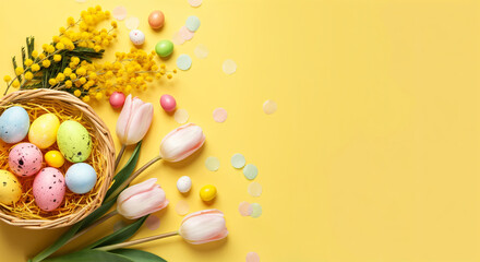 Wall Mural - easter eggs in a wicker basket, pink tulips, mimosa flowers, candies and confetti are lying on a yel